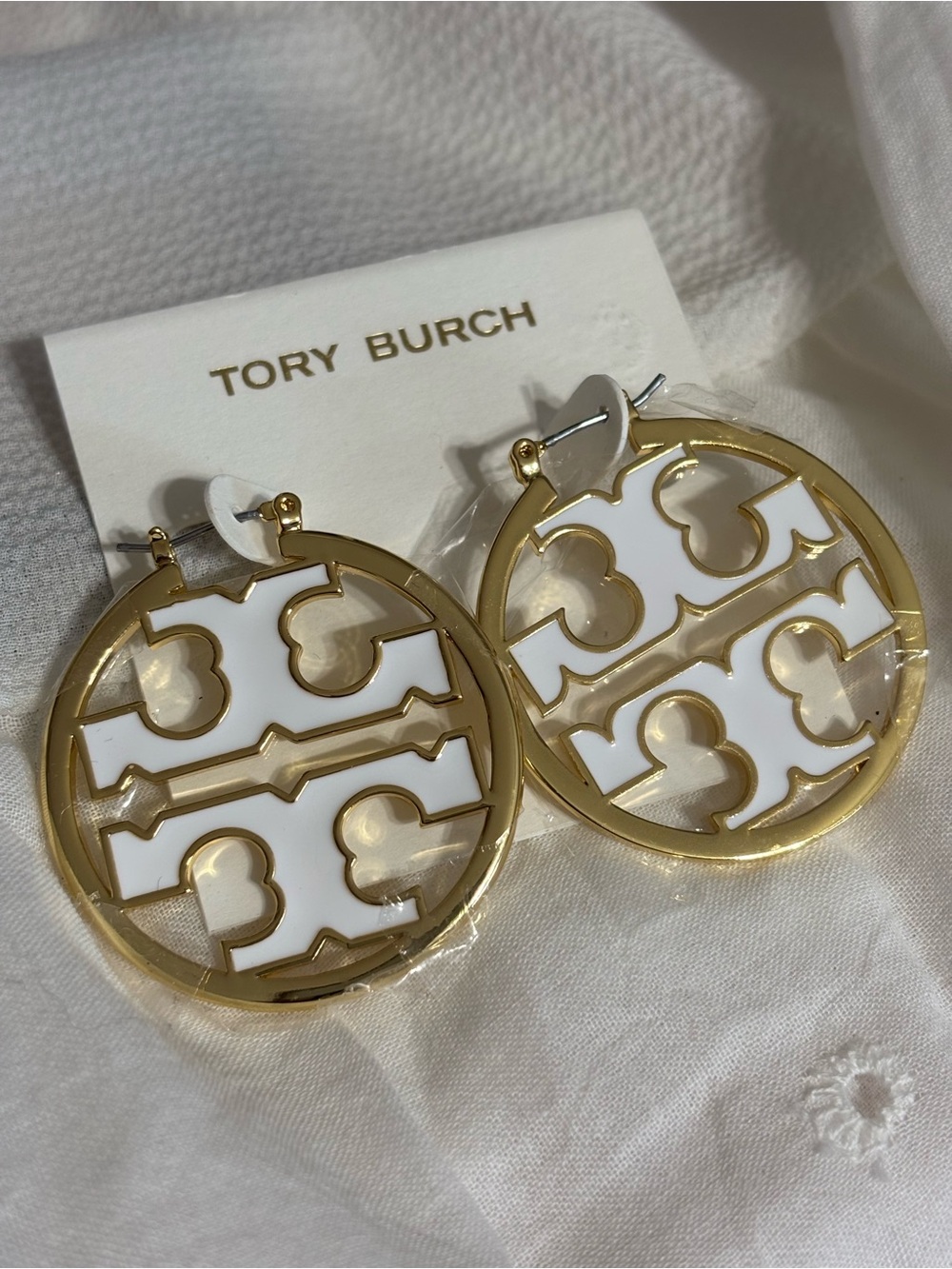 Tory Burch Gold and White Round Logo Drop Earrings